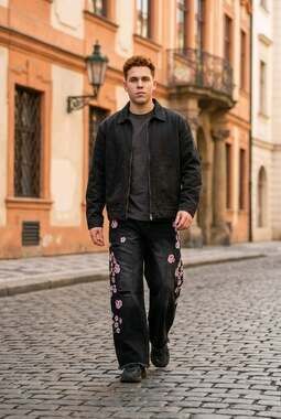 Cherry Blossom Embroidered Jeans XXL Black Wide Leg Distressed Y2K Baggy Punk